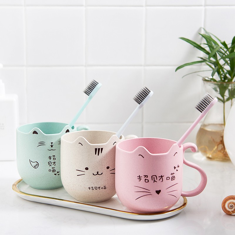 漱口杯儿童家用卡通刷牙杯可爱北欧口杯创意喝水洗漱杯子小麦秸秆 三维工匠 猫杯子北欧米高清大图