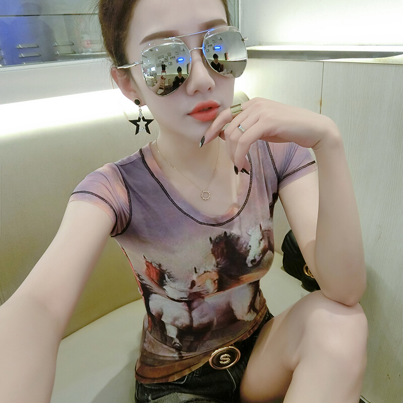 站2018春夏新款打底T恤女欧美潮流印花修身显瘦短袖网纱上衣6108#长袖