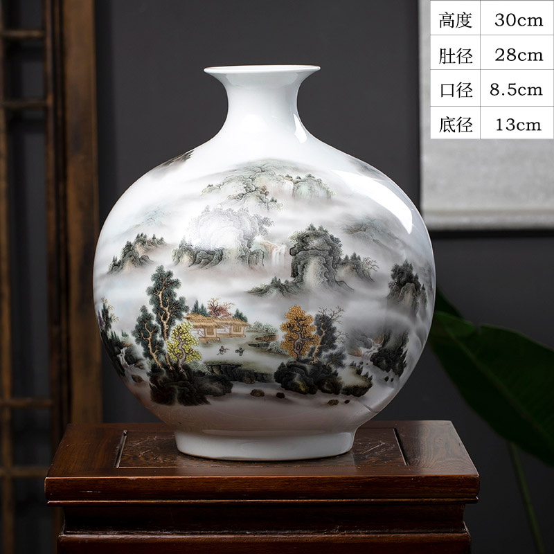 景德镇陶瓷器花瓶山水画摆件新中式石榴瓶家居客厅装饰品摆件小号收纳袋 三维工匠 雪景天球瓶