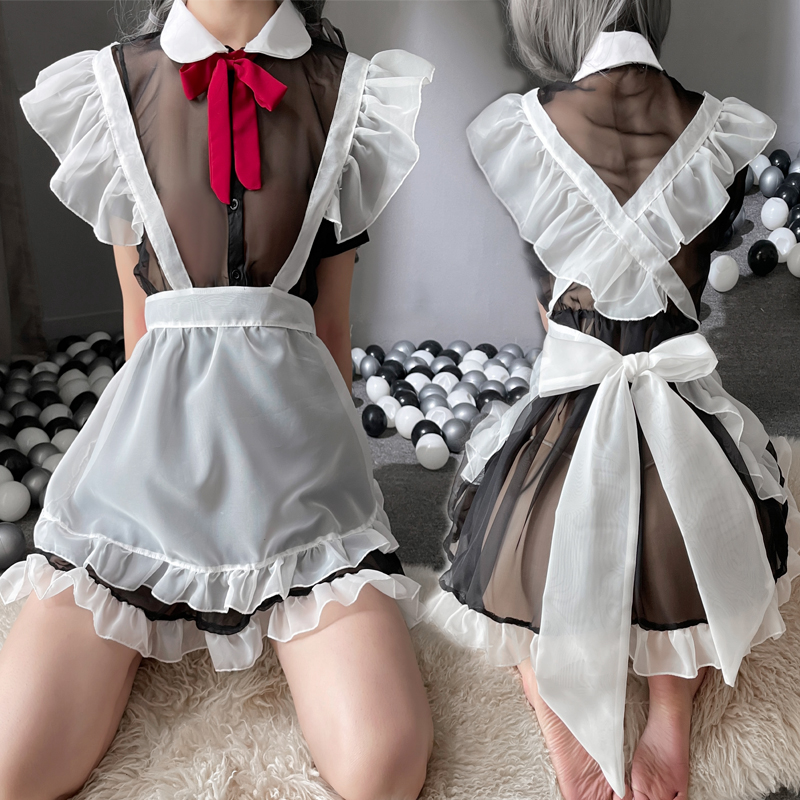 诗魅莎情趣内衣女仆套装制服诱惑女式情趣睡衣超短裙绑带围裙骚蕾丝网纱透视连体衣角色扮演cos性感学生激情女佣套装成人用品 黑色 均码（80-130斤）