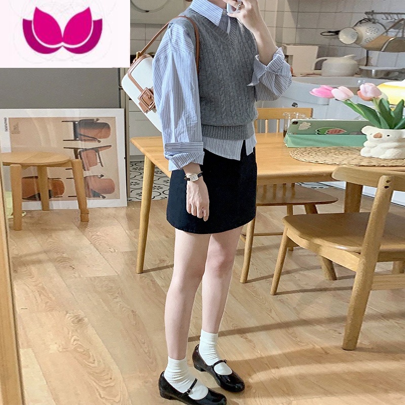 七斓早春装2023新款茶系穿搭整套别致独特御姐马甲衬衫连衣裙子套装女高清大图