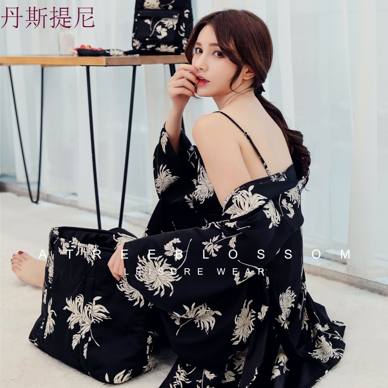 日式冰丝睡袍和服款和风中国风带胸垫女夏三件套四件日系秋款睡衣