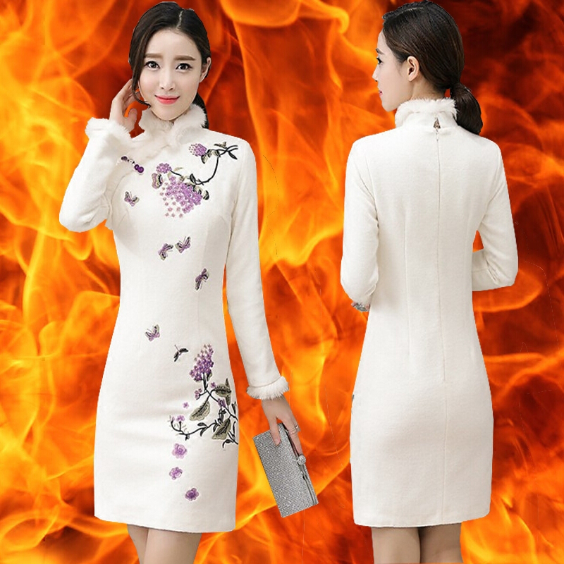 旗袍冬女长袖中国风旗袍连衣裙小香风旗袍少女学生改良版旗袍女