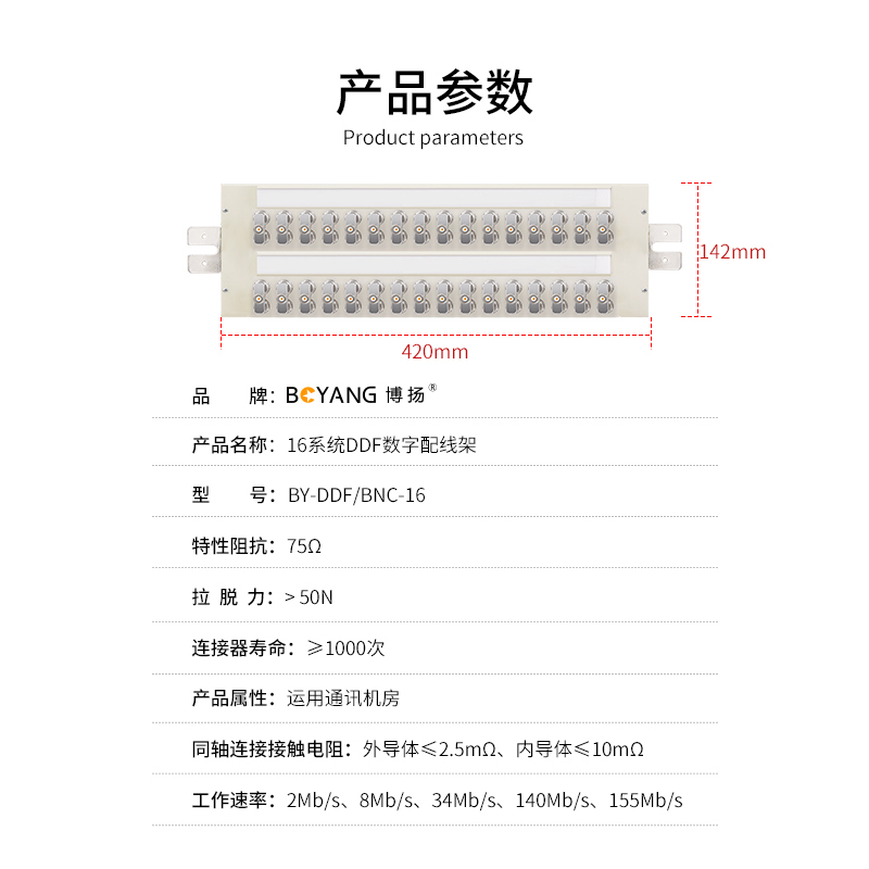 博扬 16系统DDF数字配线架19英寸 BNC端子单元板含32口三通头 2M两兆E1同轴电缆接头终端连接器
