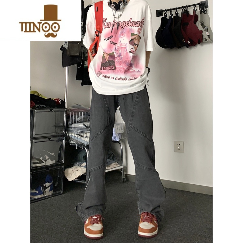 YANXUGTGA美式高街水洗做旧牛仔裤潮牌拉链设计感修身显瘦男女修N拉瘦高清大图