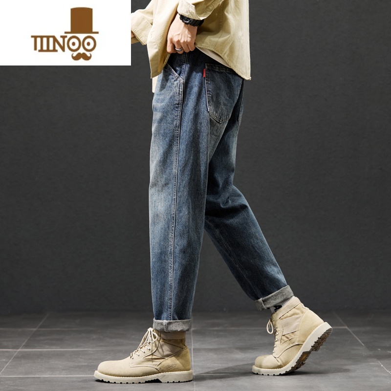 YANXU秋季牛仔裤男士宽松直筒工装大码2023潮牌男装九分休闲长裤子高清大图