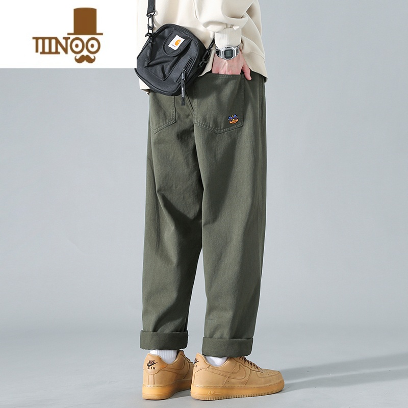 YANXU直筒休闲裤男士春款痞帅工装长裤日系潮牌百搭宽松大码阔腿裤 军绿色 XL