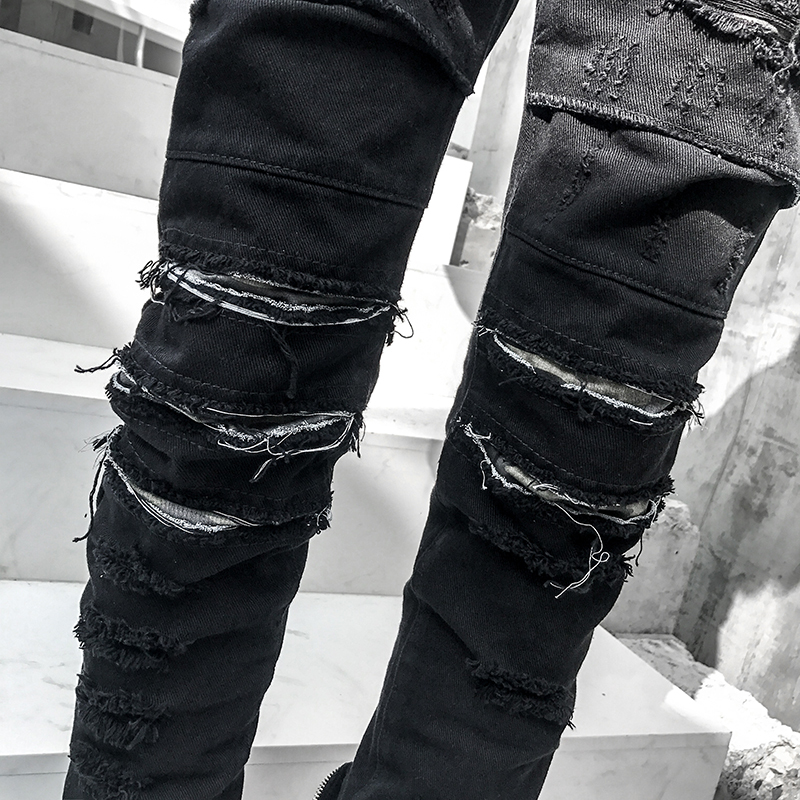 欧美高街潮男暗黑破洞裤脚拉链做旧修身小脚黑色牛仔裤夜店型师