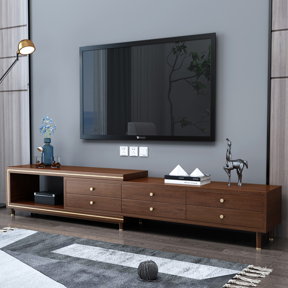 月影梳桐新中式实木电视柜金丝胡桃木电视柜轻奢可伸缩电视柜现代简约