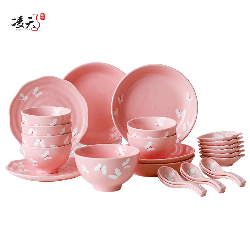 凌天 景德镇日式蝴蝶系列六人食套装小清新陶瓷餐具创意家用碗高清大图