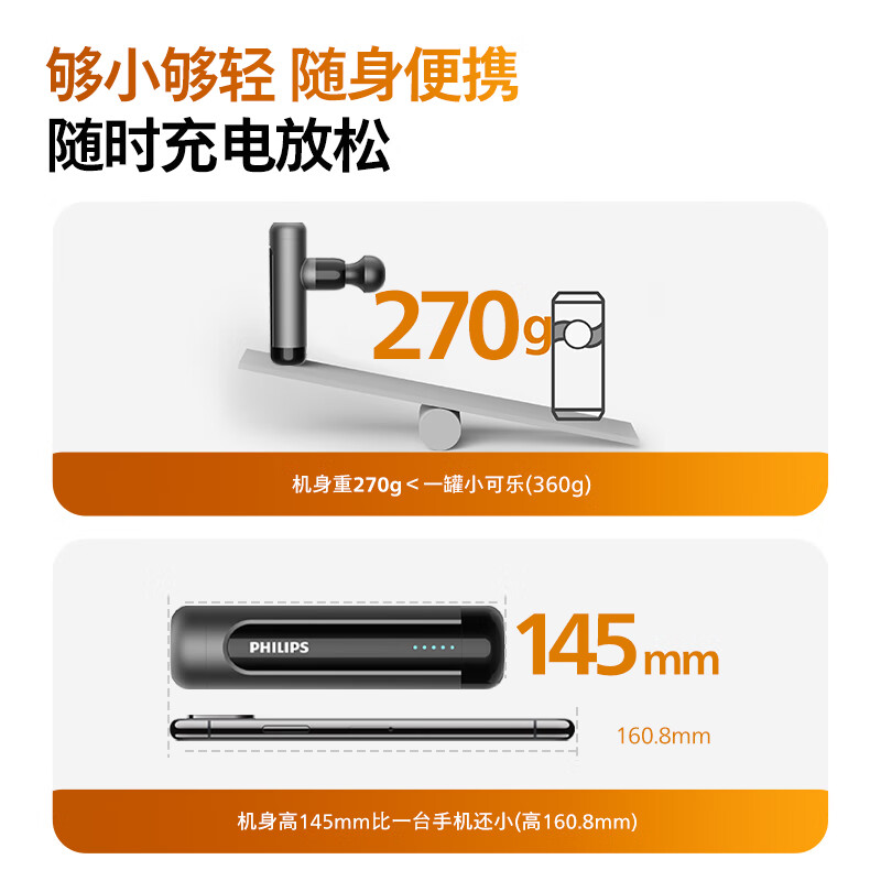 飞利浦筋膜枪按摩器 轻量迷你筋膜枪 PPM3105G 灰色高清大图