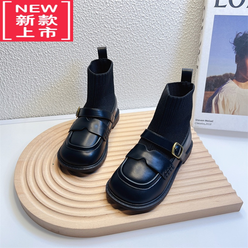 可莉允女童靴子英伦风皮靴2022秋冬短靴时尚小女孩弹力袜靴儿童袜子靴女