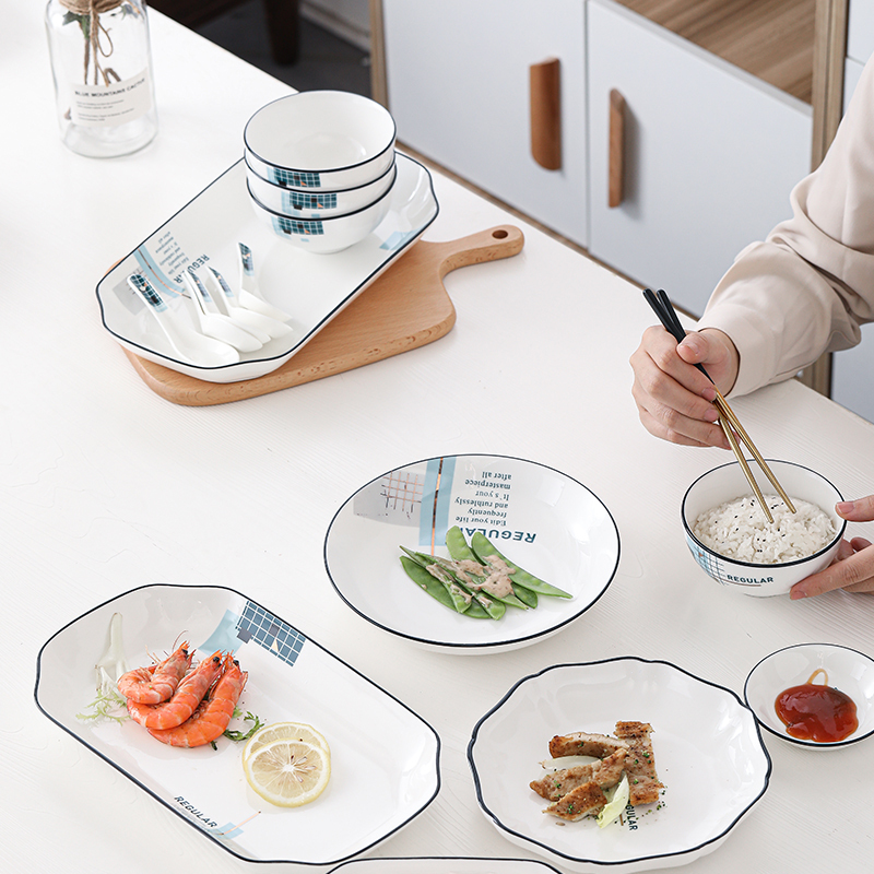 苏氏陶瓷(SUSHI CERAMICS)餐具套装 城市方格韩日小清新陶瓷碗盘勺子鱼盘30头餐具套装
