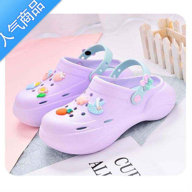 SUNTEK可爱卡通增高厚底洞洞鞋女款外穿透气松糕底包头半两穿网红凉拖鞋高清大图