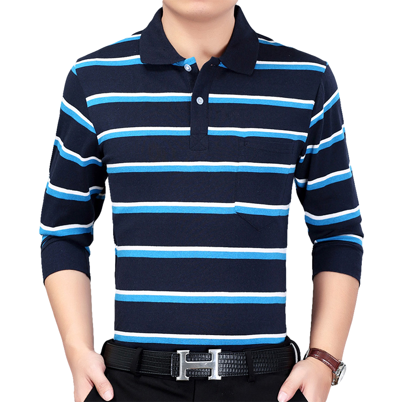 春秋新款爸爸休闲t恤男士长袖条纹翻领男装polo衫中老年t恤上衣