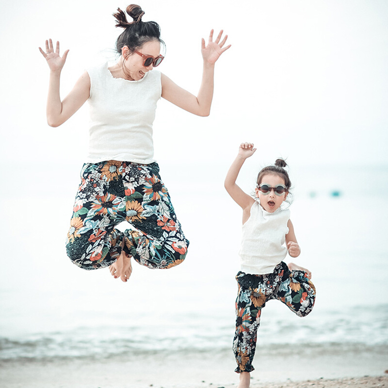 子母女装潮海边度假沙滩夏季大女儿童宝宝薄防蚊灯笼裤子翠绿色160码防蚊裤+背心(备注颜色)