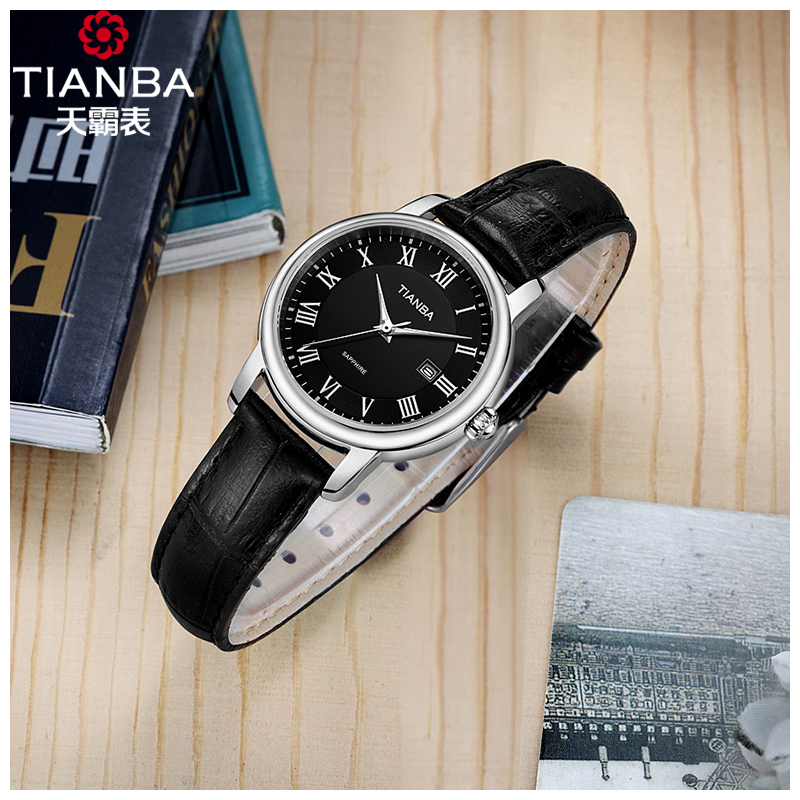 天霸(TIANBA)复古时尚休闲女士皮带手表经典表盘专柜同款石英表 女TL3011.01PK 黑色
