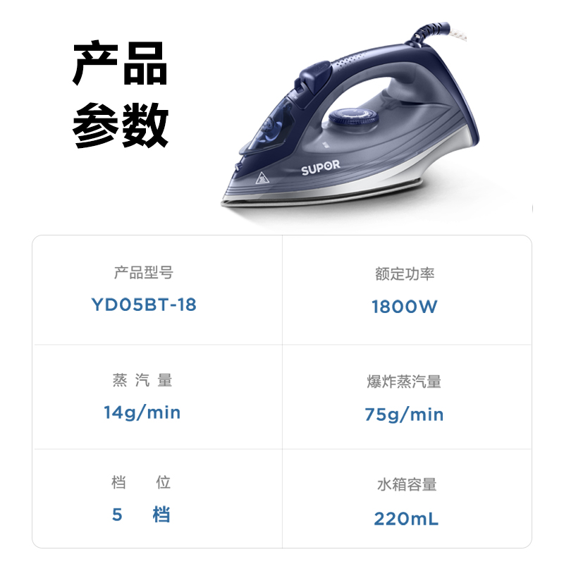 苏泊尔(SUPOR)电熨斗 垂直熨烫机迷你家用手持便携挂烫机蒸汽熨衣运斗五档调温 YD05BT-18 深蓝色高清大图