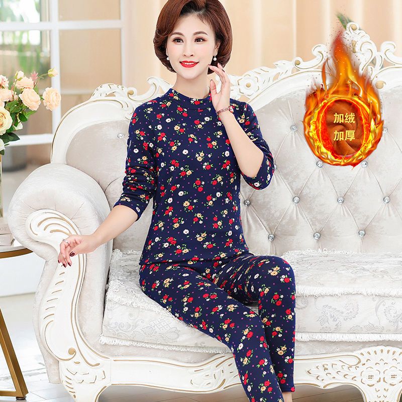 保暖内衣女套装中老年妈妈装大码弹力加绒加厚高领秋衣秋裤两件套