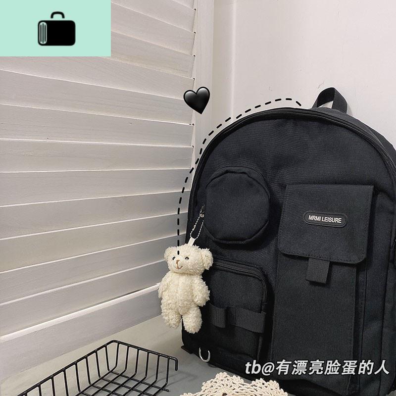 ins日系原宿古着感书包女暗黑风潮牌学生学院风高中双肩包背包NEW LAKE 黑色加腮红小熊