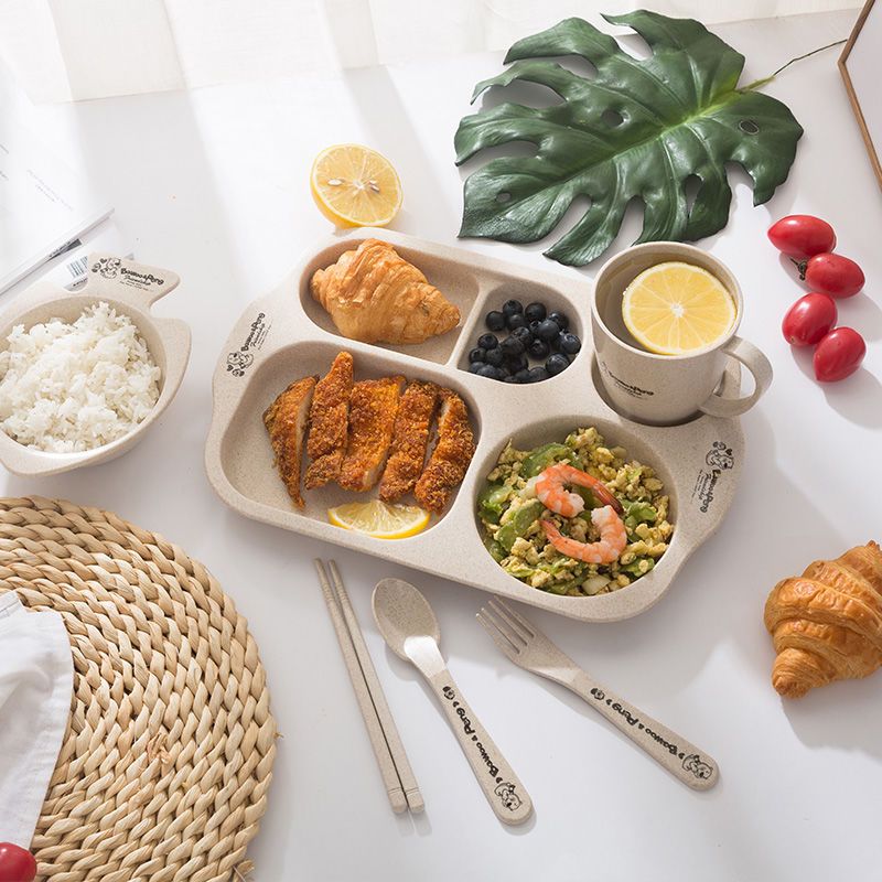 促销6件套装小麦儿童餐盘套装带水杯早餐盘幼儿园盘宝宝卡通餐具