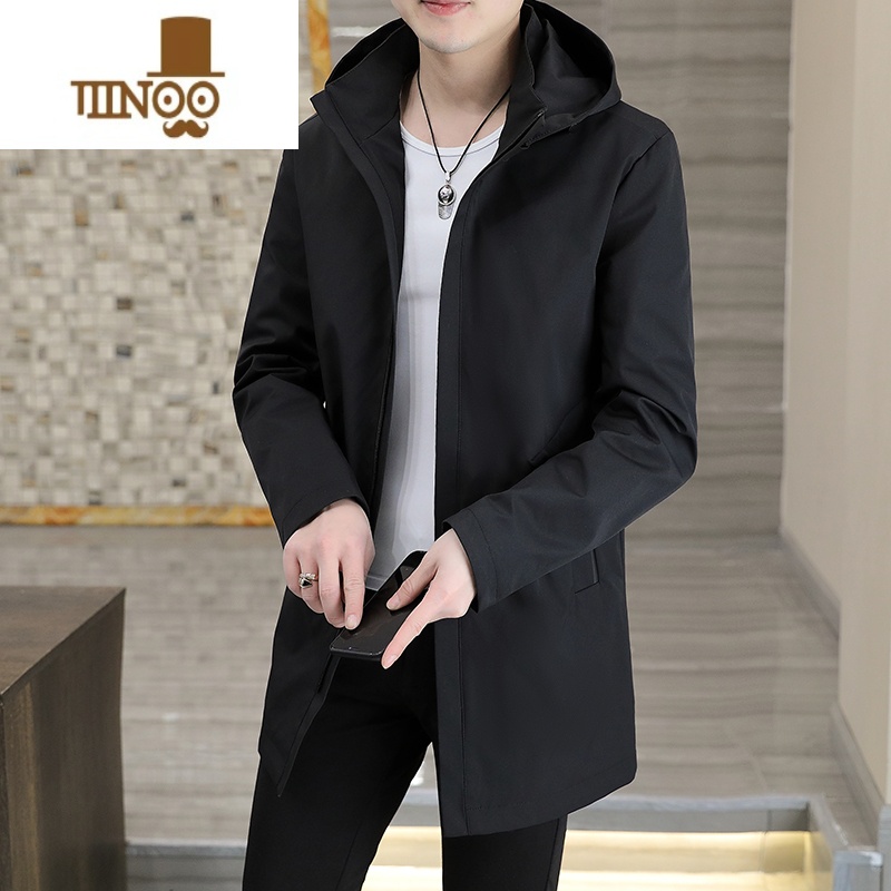 YANXU中长款风衣外套男2023新款成熟稳重男装潮牌连帽修身夹克上衣高清大图