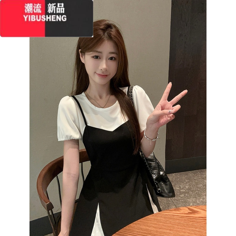 YIBUSHENG大码法式短袖连衣裙女季显瘦撞色长裙微胖MM蕾丝假两件气质裙子