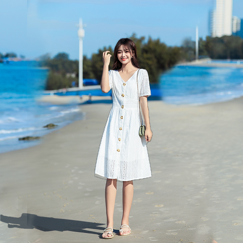艳如飞白色连衣裙女夏气质超仙150cm海边沙滩裙145小矮个子长裙仙气长