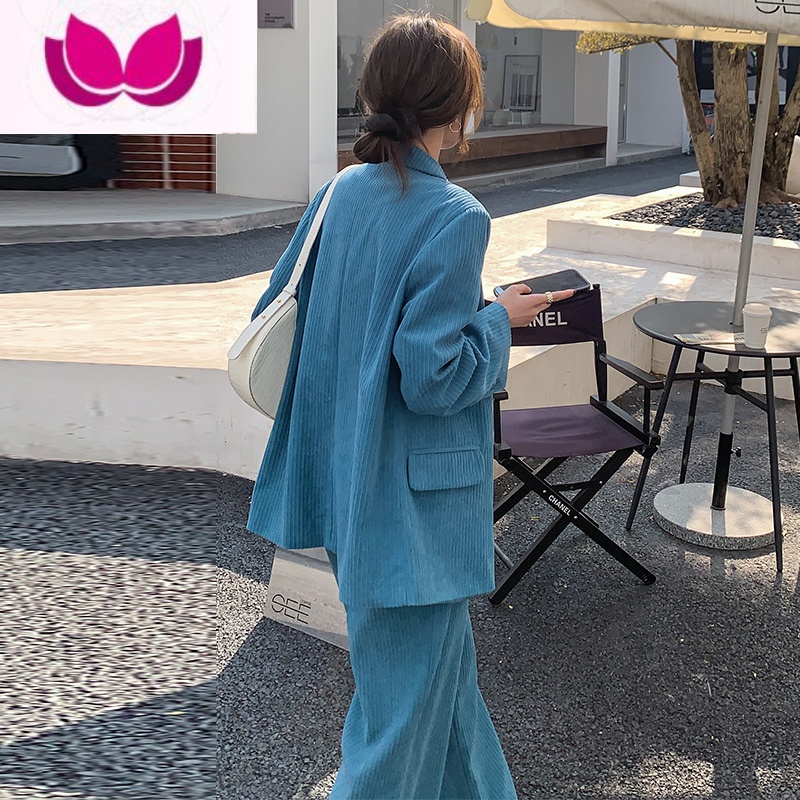 七斓蓝色灯芯绒小西装套装外套女高级设计感2023年新款职业西服 XL 孔雀蓝