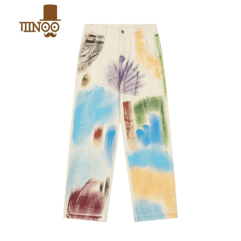 YANXUe020水洗涂鸦牛仔裤高街直筒休闲裤美式新款感裤子男女长裤水高清大图