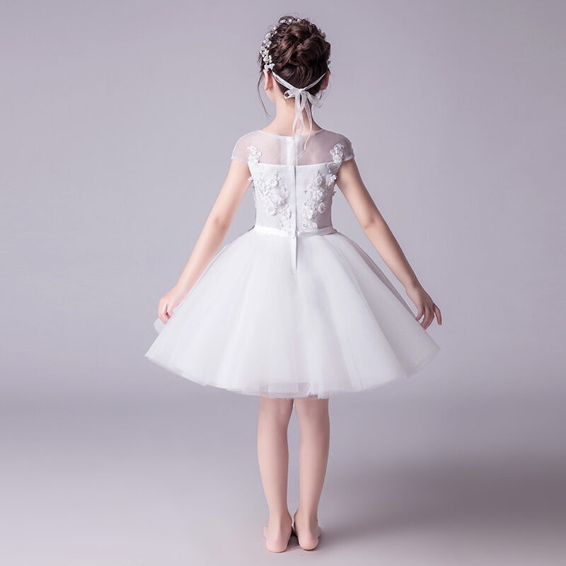 女童礼服公主裙儿童走秀蓬蓬纱白色花童婚纱小主持人钢琴演出服夏