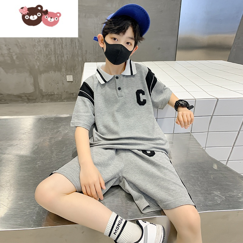 绿彩虹光2022夏款潮童新款短袖中大童时髦运动洋气套装儿童帅气炸街两件套