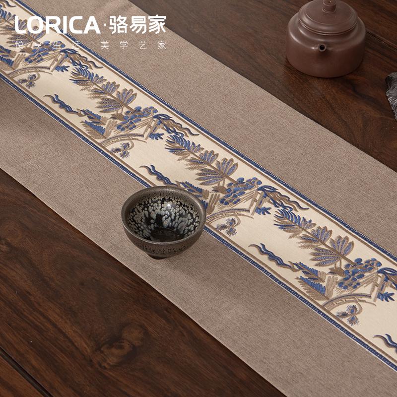 新中式桌旗禅意古典茶几餐桌布长条装饰布现代简约电视柜盖巾定制 南乡-蓝色 33*280cm(适用桌长2.3米-2.4米)高清大图
