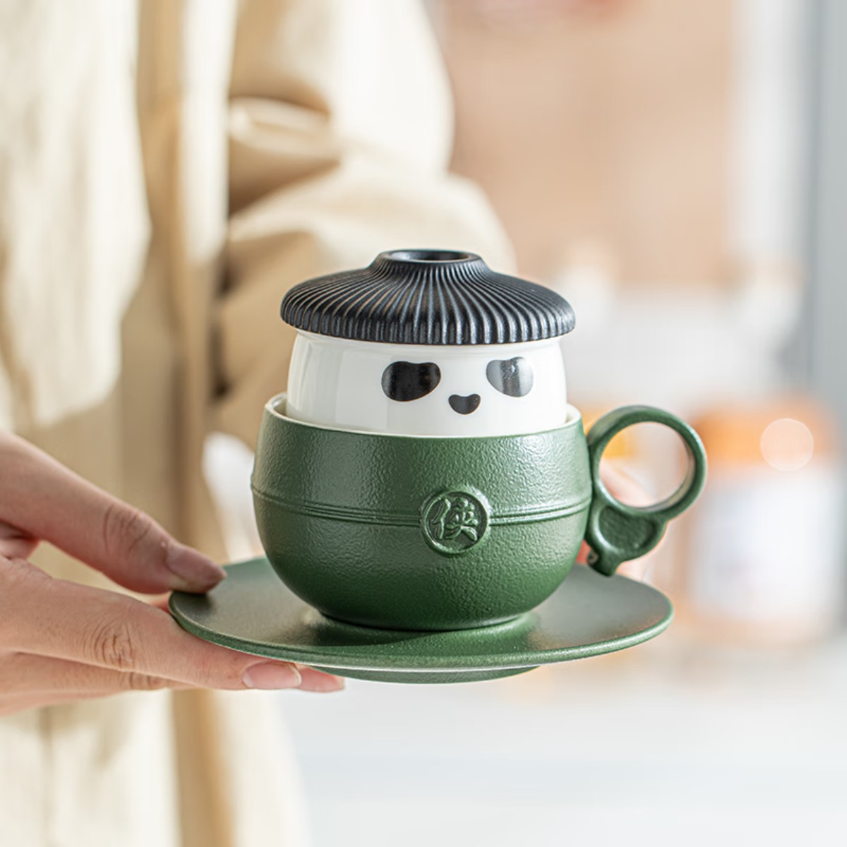知者觉器熊猫马克杯茶咖两用陶瓷办公杯可爱男女创意礼物伴手礼自用送礼 黛山绿-熊猫侠客办公杯-简装 容量200ML高清大图