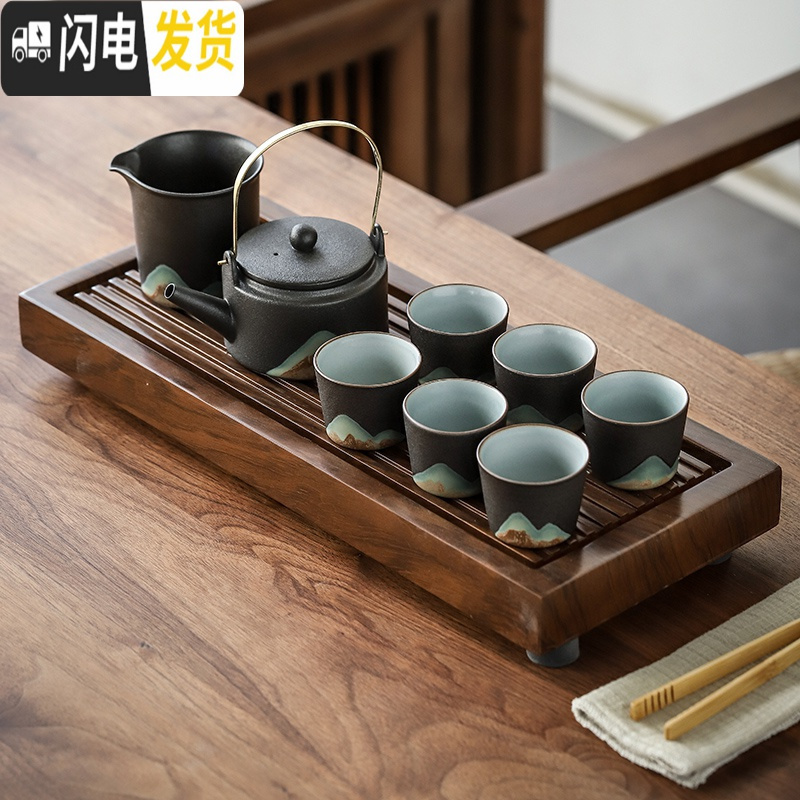 三维工匠|茶盘乌金石功夫茶具套装家用陶瓷礼盒日式简约客厅办公泡茶 松枝盘+乌金石尺寸(40*17*3.5)