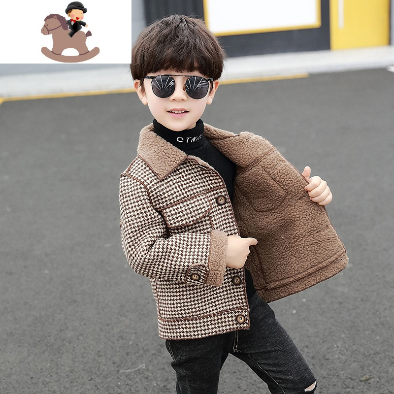 yuebin男童羔毛外套儿童秋冬款4岁5加厚男孩男小童宝宝加绒毛呢大衣潮