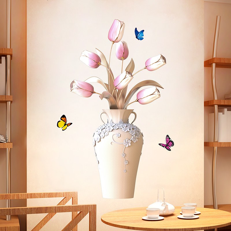 墙贴纸房间客厅玄关楼梯墙壁装饰品创意郁金香花瓶自粘贴画