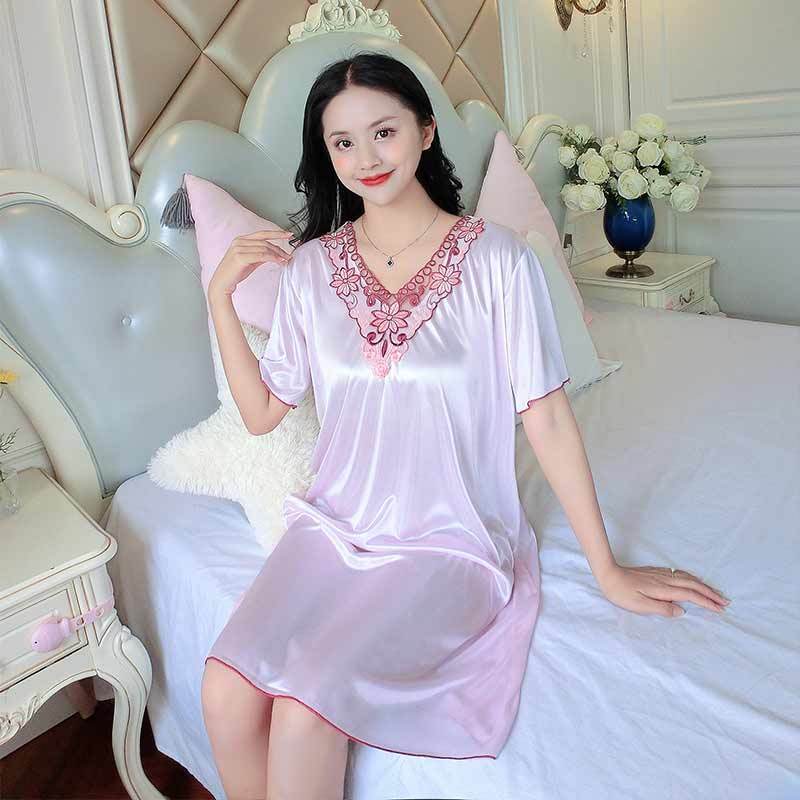 夏季冰丝睡裙女蕾丝仿真丝睡衣女夏丝绸性感短袖薄新款韩版家居服 v领