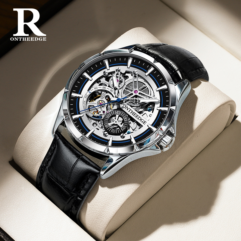 瑞之缘2024新品男士手表全自动镂空陀飞轮机械表夜光防水实心钢带腕表 银蓝皮【送原装表盒+手提袋+调表器】