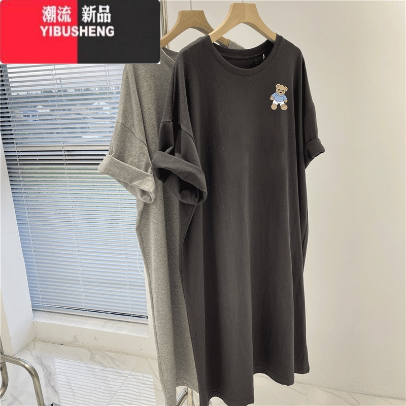 YIBUSHENG短袖t恤裙子女装季衣服胖mm大码遮肚子长裙休闲过膝连衣裙