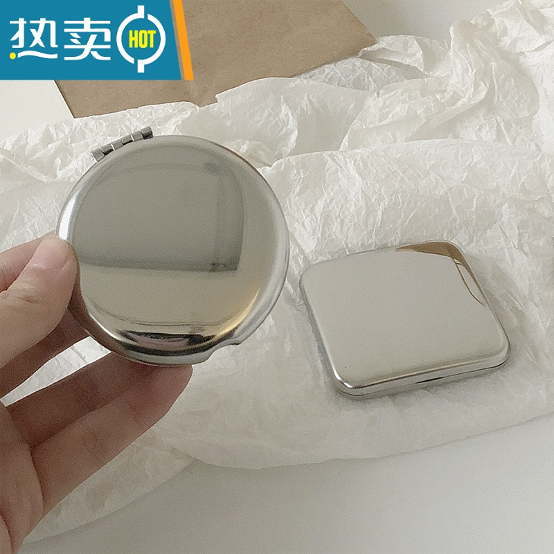 敬平ins手持双面小镜子女随身携带折叠化妆镜翻盖式不锈钢小号便携 银色便携式用镜高清大图