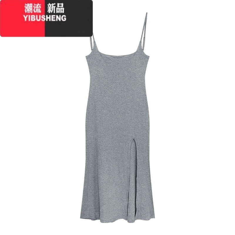 YIBUSHENG性感蕾丝露背吊带连衣裙女季灰色修身包臀裙开叉收腰纯欲长裙子