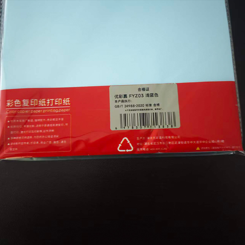 优彩嘉 彩色复印纸 打印纸 A4 80g 100张 浅蓝 FYZ03 包高清大图