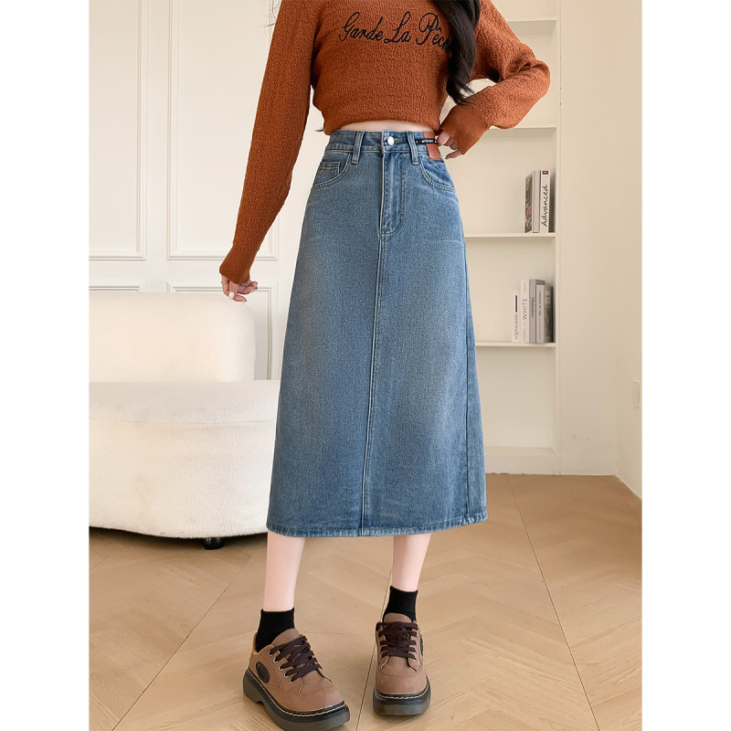 4元,叠加优惠券]唐狮秋冬新款女皮标牛仔长裙后开叉半身裙减龄百搭