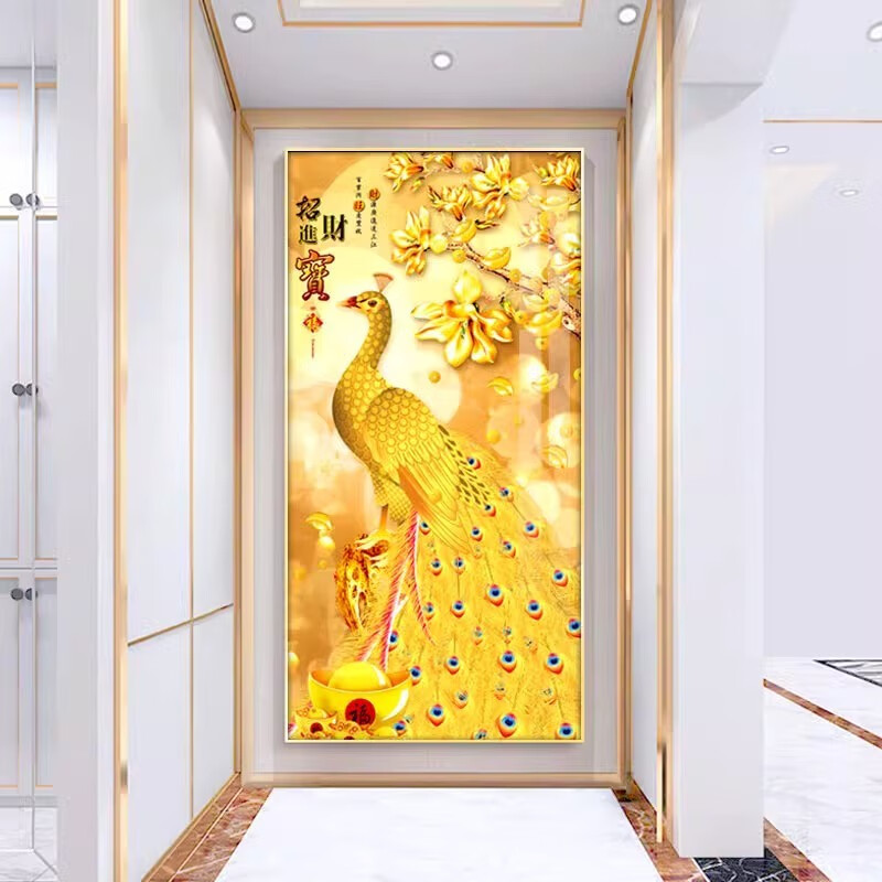 维诺亚玄关画进宝入户进门过道走廊壁画背景墙金色孔雀晶瓷挂画高清大图