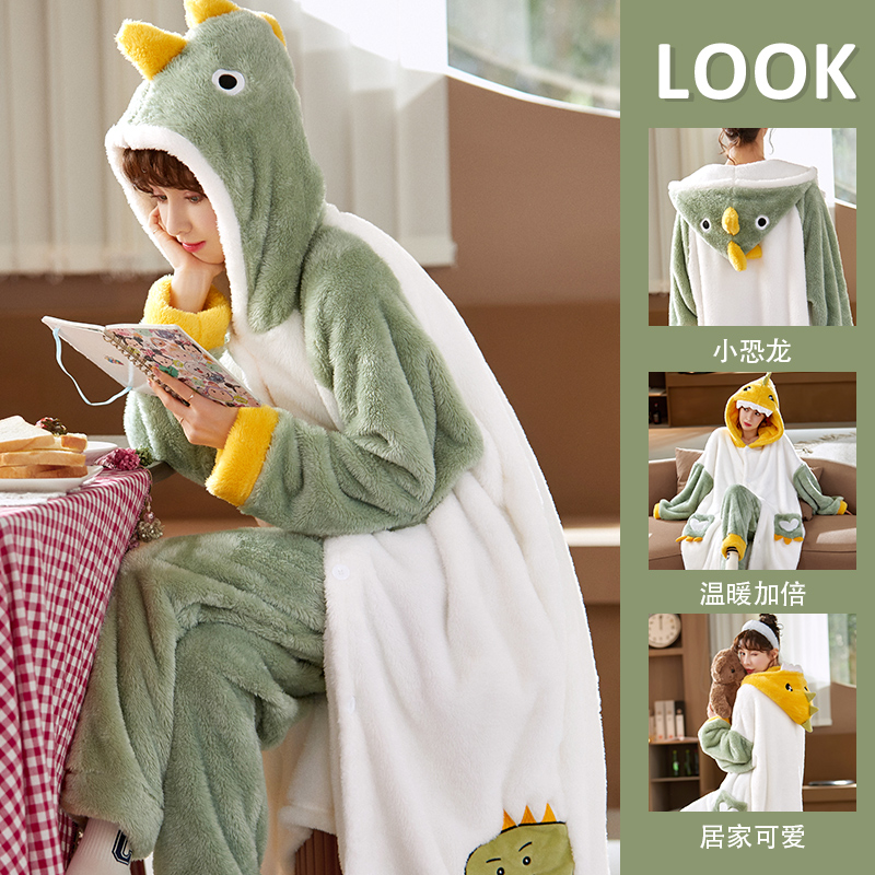 浪莎珊瑚绒睡衣女冬季新款可爱睡袍宽松加厚连帽可外穿家居服套装