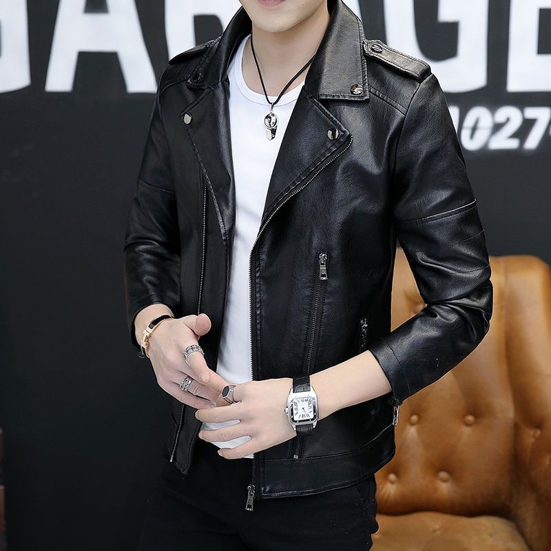 男士加绒韩版休闲皮衣春秋薄款皮夹克男中青年翻领皮外套