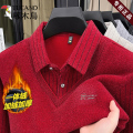 啄木鸟冬季男士假两件加绒加厚毛衣翻领保暖针织中老年polo打底冬 190/4XL建议185-210斤 红色亲肤加厚一件过冬