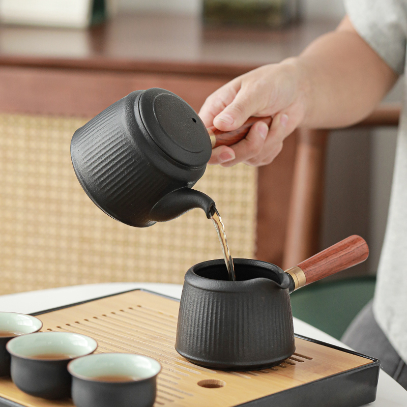 苏氏陶瓷(SUSHI CERAMICS)茶具套装 粗陶线条茶壶竹面储水式茶盘套组带礼盒