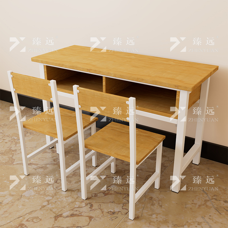 臻远ZY4082145 学生课桌椅双层带抽屉培训班学习桌学校辅导班教室双人桌 胡桃色含椅子+白架1200*600*800高清大图